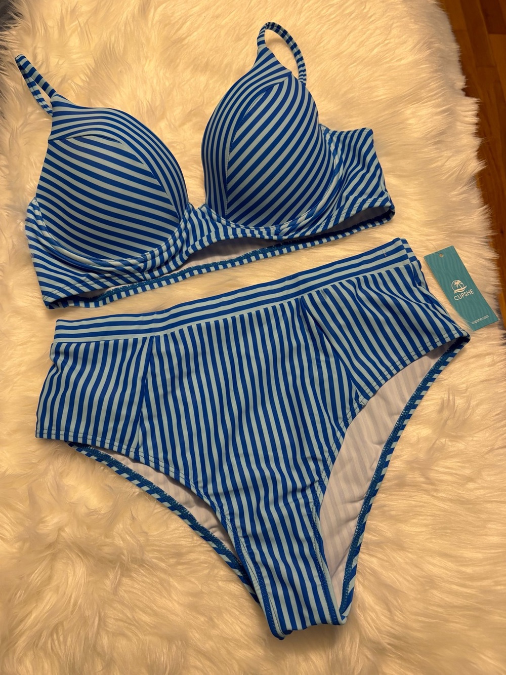 Cupshe NWT Dark Blue Light Blue Trendy Striped Two-Piece Padded Bikini Set Sz L
